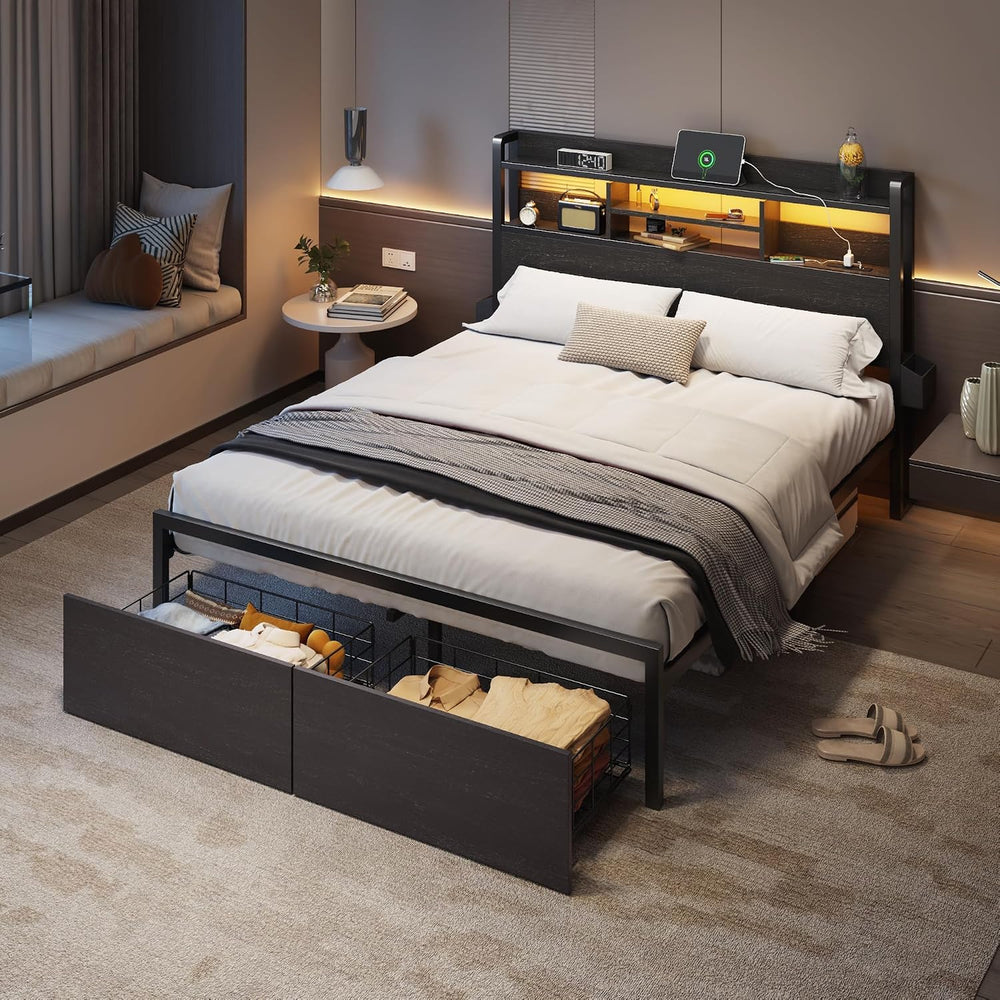Furnulem Full Size Bed Frame with Headboard and Charging Station,2 Drawers