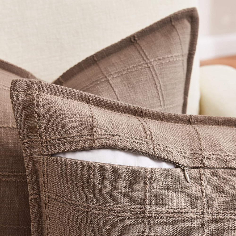 ZeeMart 2pk Check Linen Flanged Pillow Covers 24x24, Cocoa Brown