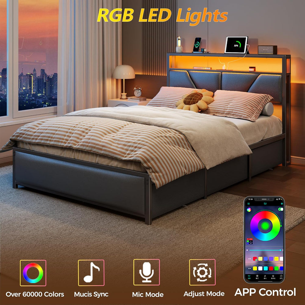 OURPIC Full Size Bed Frame with Storage Headboard, 6 Drawers, LED&Charging
