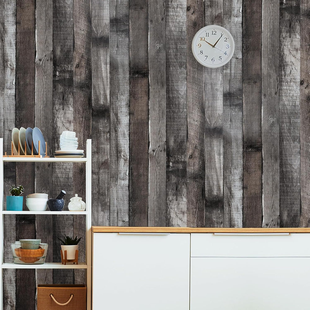 Yun-aeon Natural Wood-Dark Grey Contact Paper Peel and Stick Wallpaper