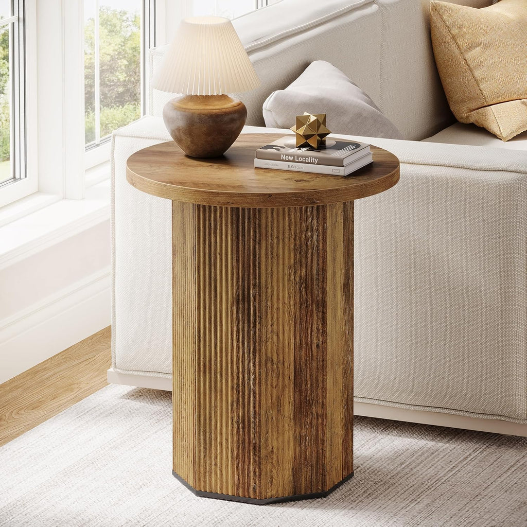 Tribesigns Round End Table, Farmhouse Fluted Side Table with Pedestal Base, Wooden Nightstand Accent Furniture for Living Room, Small Space, Bedroom (Brown)