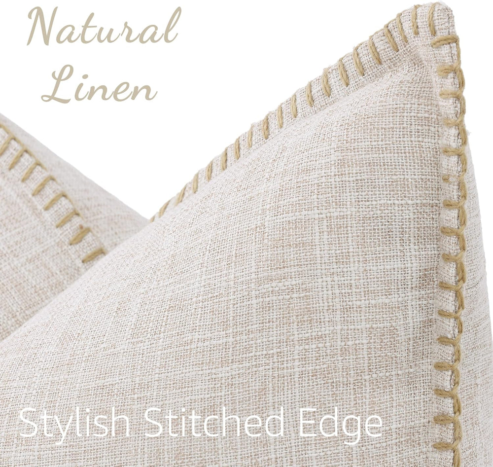 decorUhome Beige Faux Linen Outdoor Throw Pillow Covers 26x26 Set of 2