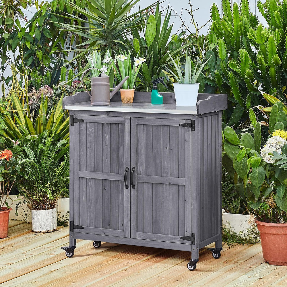 Topeakmart Potting Bench for Outside with Storage Cabinet & Metal Top,Gray