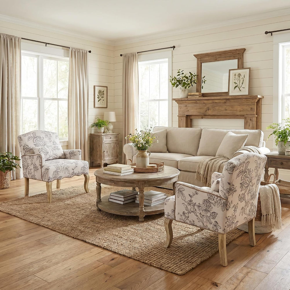 Shunzhi Floral Accent Chairs Set of 2 Farmhouse Upholstered Armchair Linen Re...