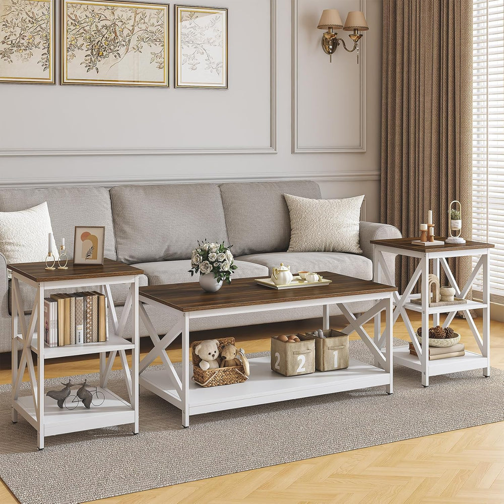 Bigbiglife Living Room Coffee Table Set of 3, Industrial X-Design Coffee Tabl...