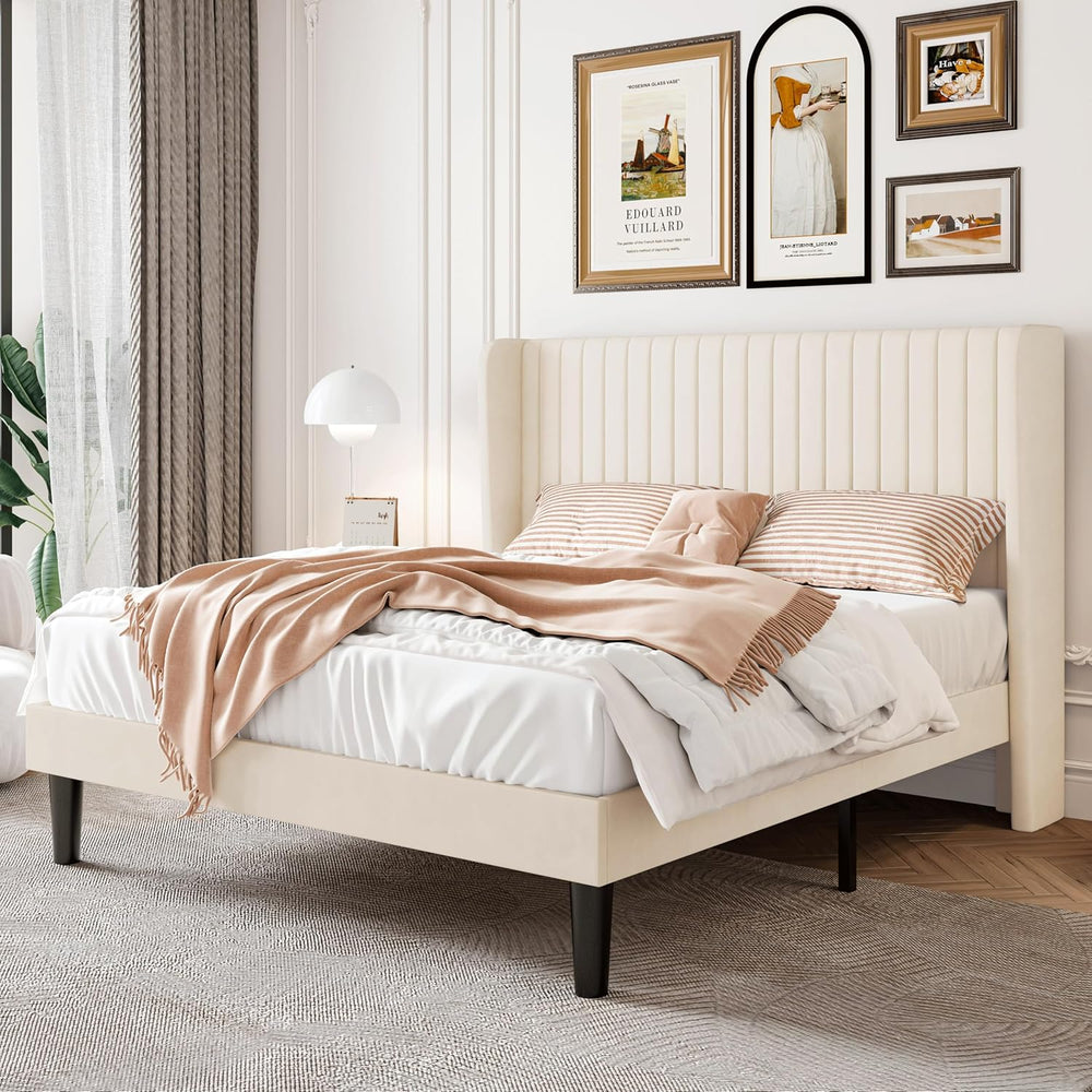SHA CERLIN Queen Size Velvet Bed Frame, Tufted Wingback Headboard, Cream