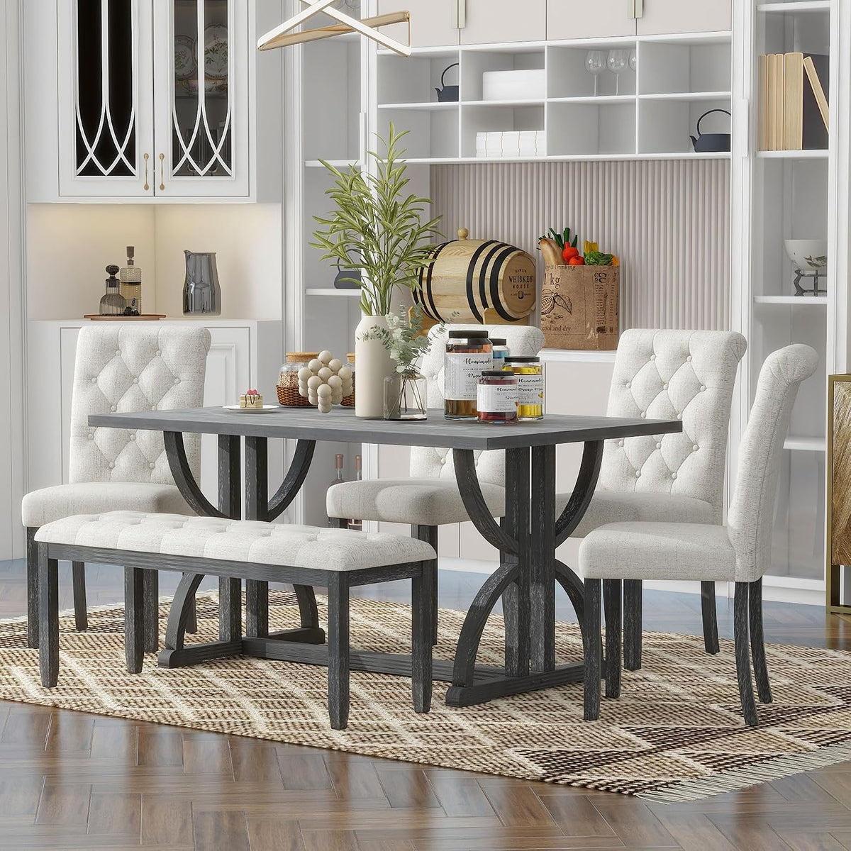 Merax 6-Piece Farmhouse Dining Table and Chair Set, 60'' Solid Wood Rectangular Kitchen Table Set with 4 Upholstered Chairs & 1 Bench for Kitchen Room, Gray Wash+Beige