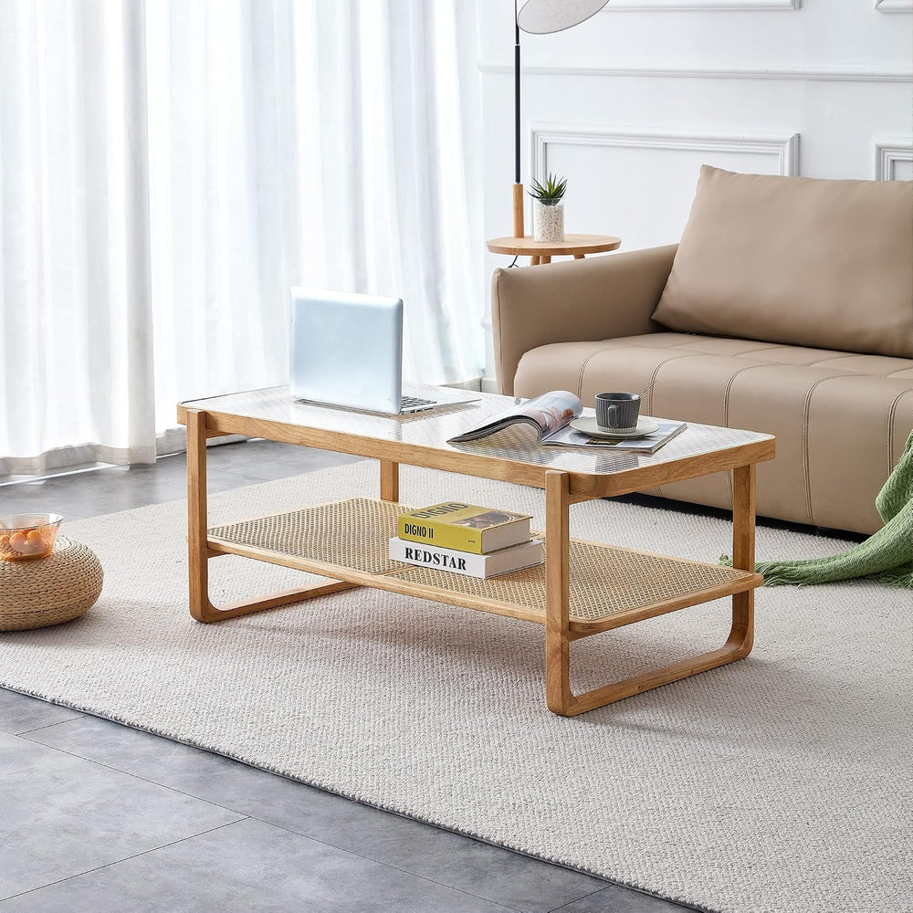 Rattan Coffee Table with Tempered Glass Top,Wood Coffee Table for Living Room...