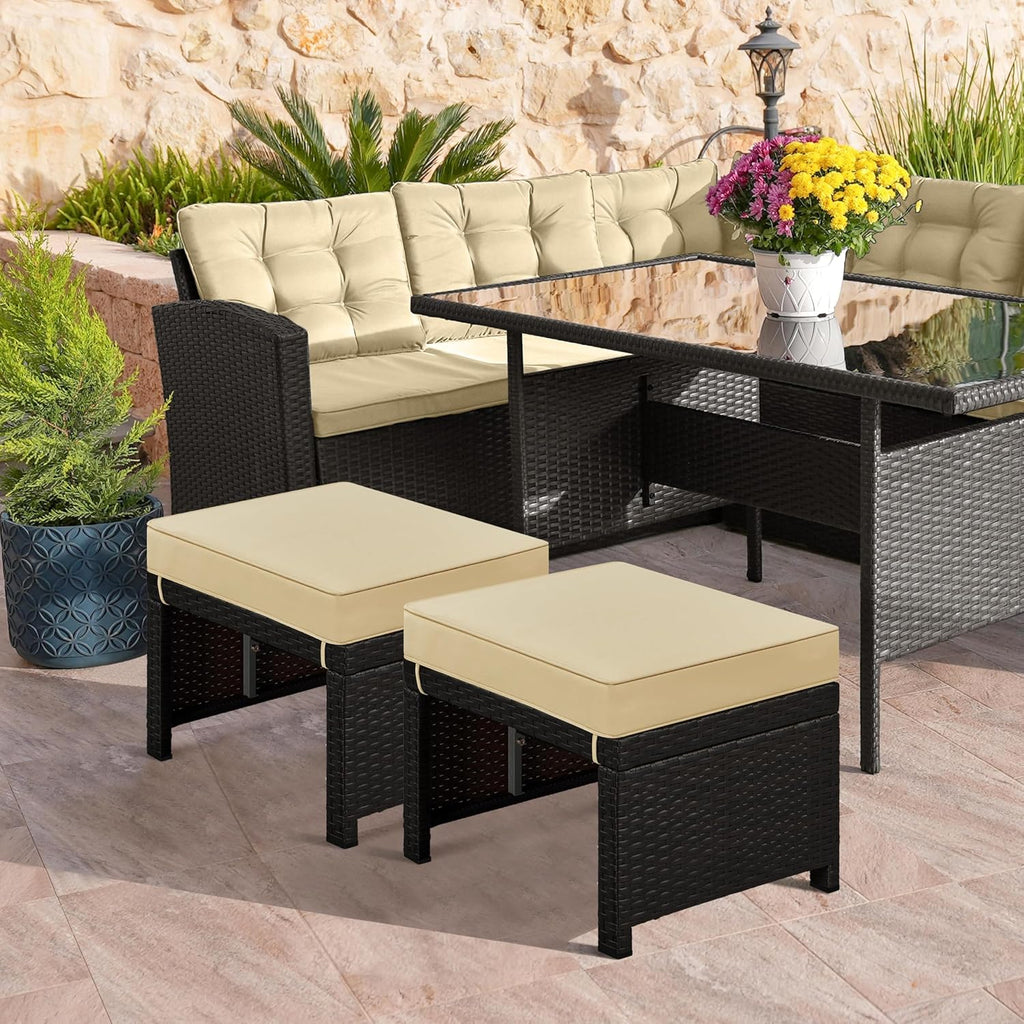 Yaheetech Wicker Ottomans, Set of 2 Footrest with Removable Cushion, 2pcs PE Rattan Side Table Additional Seating Multipurpose Outdoor Furniture for Patio, Backyard, Brown/Khaki