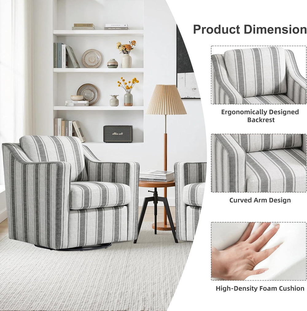 Swivel Accent Chairs Set of 2, Upholstered Barrel Armchair, Stripe Gray