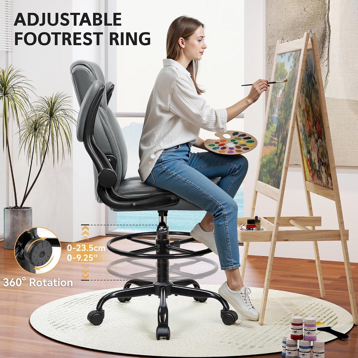 Drafting Chair, Tall Office Chair for Standing Desk, High Executive Leather Ergonomic Computer Chair with Adjustable Height and Flip-Up Armrest for Counter Height Desk, Grey, Pack of 1