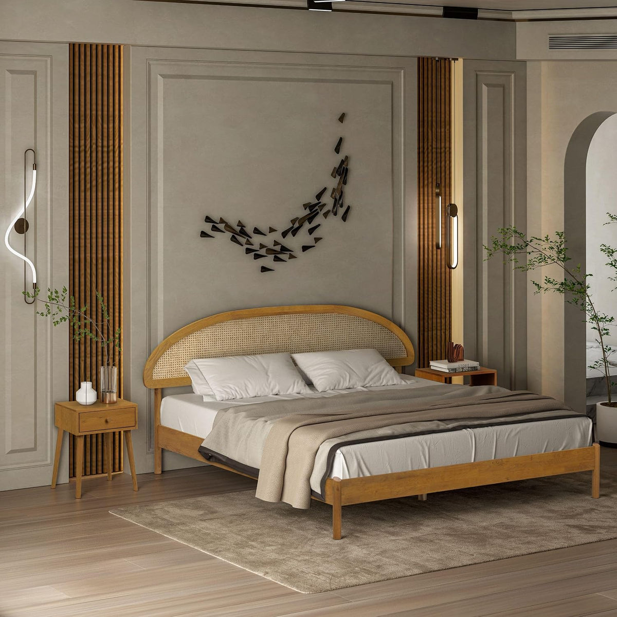 NTC Gem Wooden Bed Frame with Headboard and Natural Rattan, Solid Oak/Rubber Wood Foundation with Silent Slats, 1000 Lb Capacity, Effortless Assembly (Natural Cane - Rustic Oak, King)