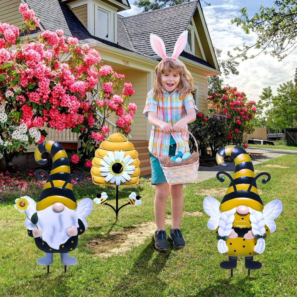 Cinnvoice 3 Pcs Metal Gnome Yard Stakes Bee Spring Garden Decor 25.4"