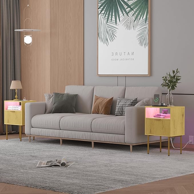 Nightstand with Charging Station, Bedside Table with Storage Drawer, Fluted Side Table for Living Room, Bedroom