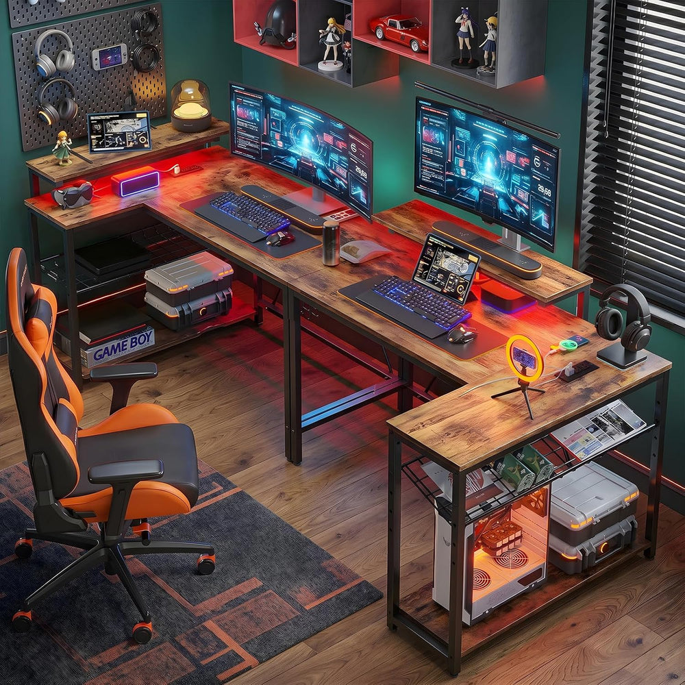 Bestier 42-Inch L-Shaped Gaming Desk with Charging & LED, Rustic Brown