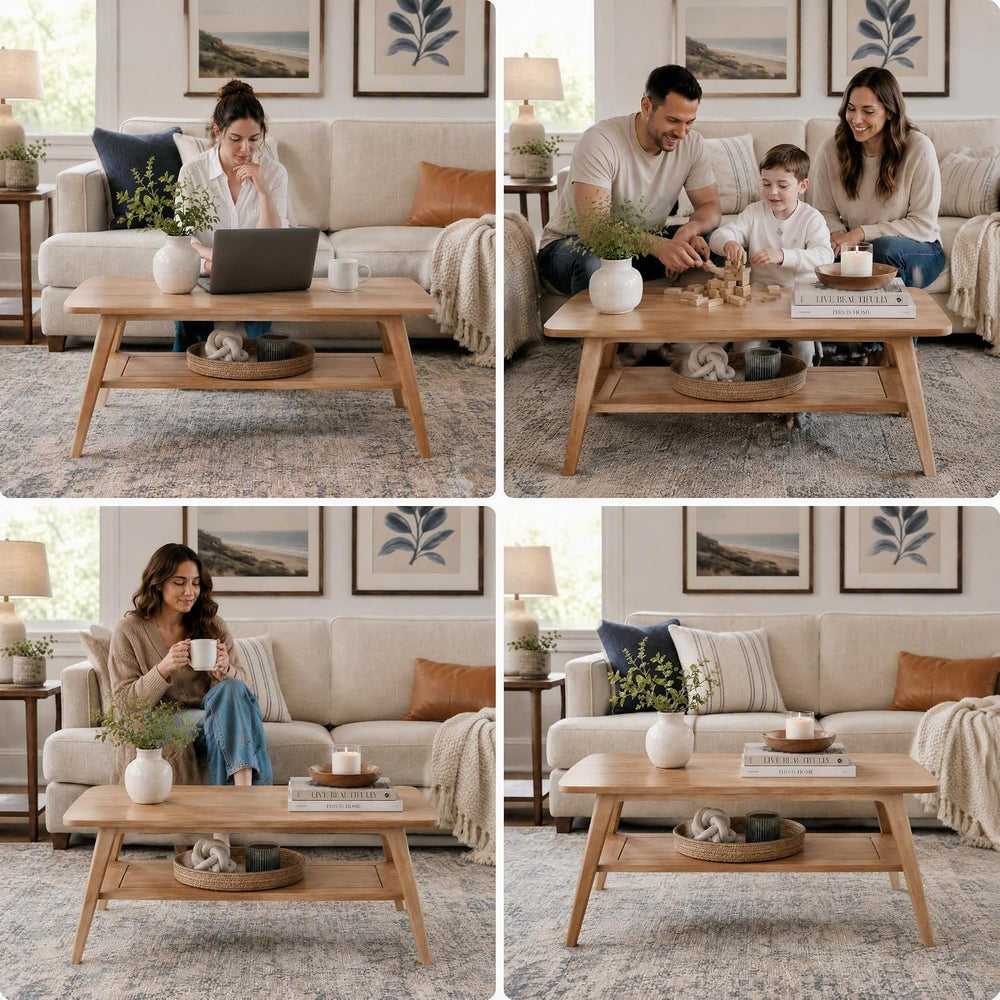 100% Solid Oak Coffee Table with Storage Shelf, 47.24" W