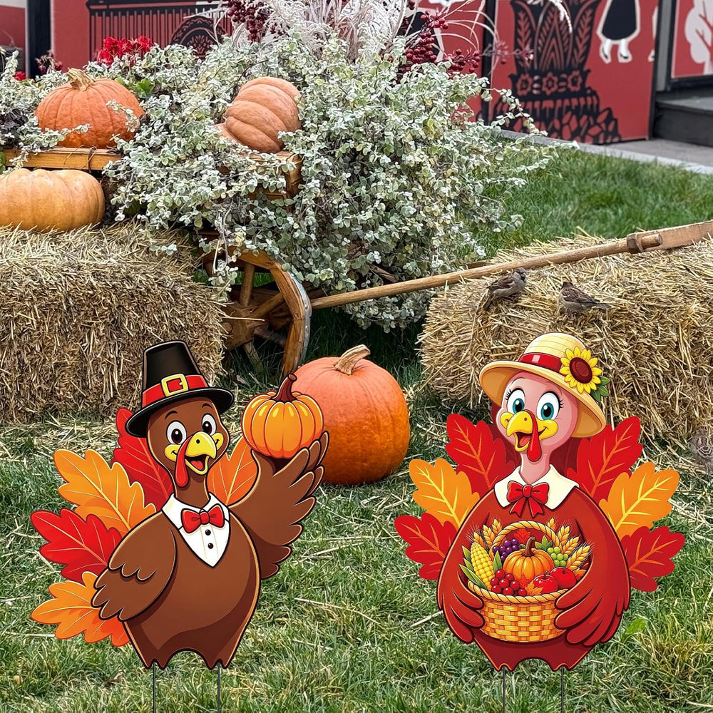 2 Pack Thansgiving Turkey Garden Stakes Metal Turkey Pumpkin Fall Yard Sign