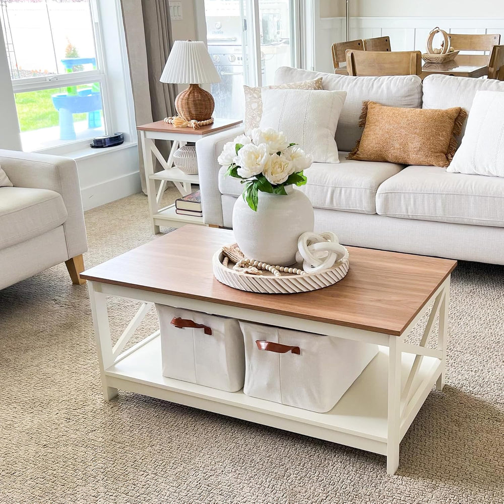 PHI VILLA White Farmhouse Coffee Tables with Storage for Living Room