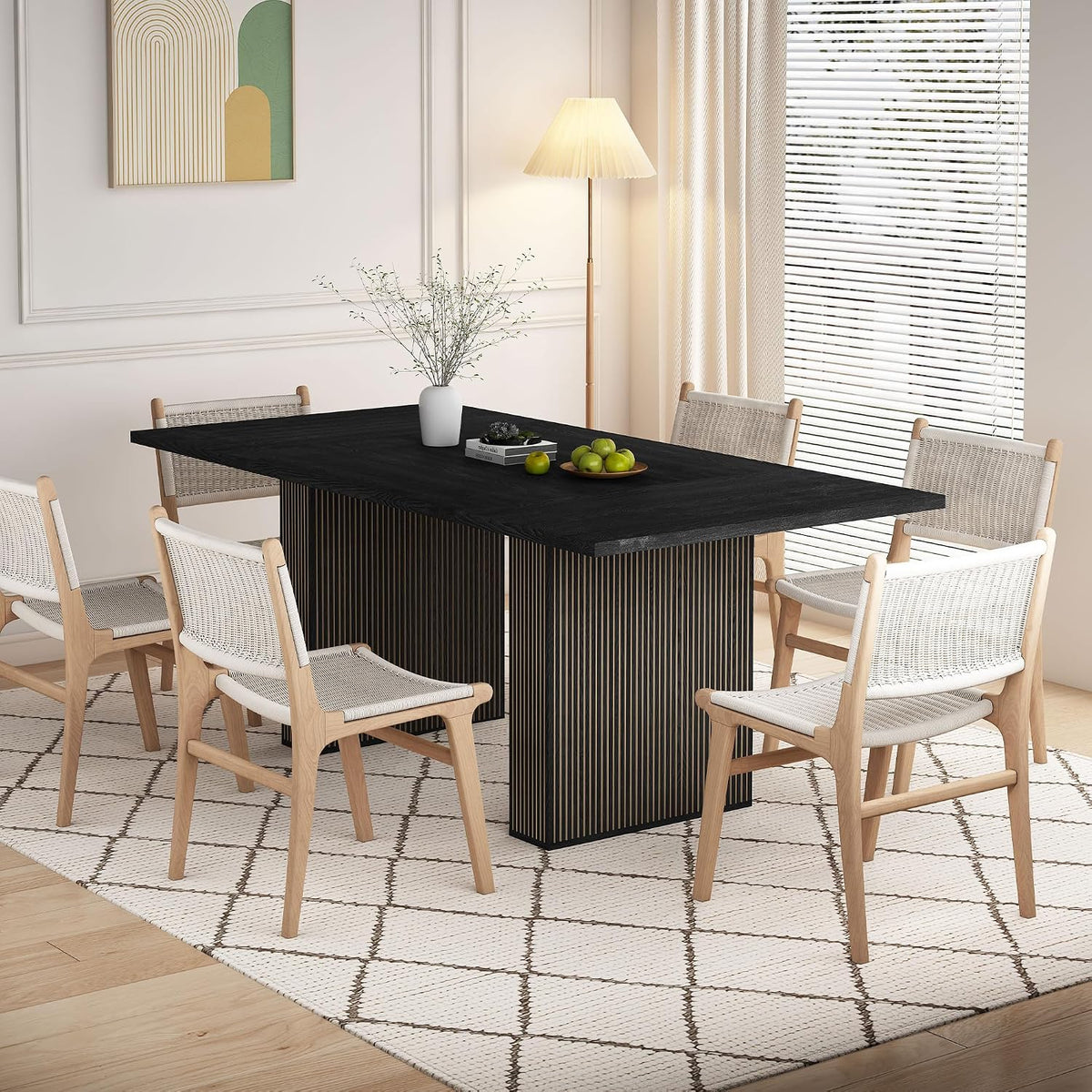 78 Inch Rectangular Dining Table for 6 to 10, Farmhouse Fluted Dining Kitchen Table, Modern Wood Long Dining Table for Kitchen Living Room, Black