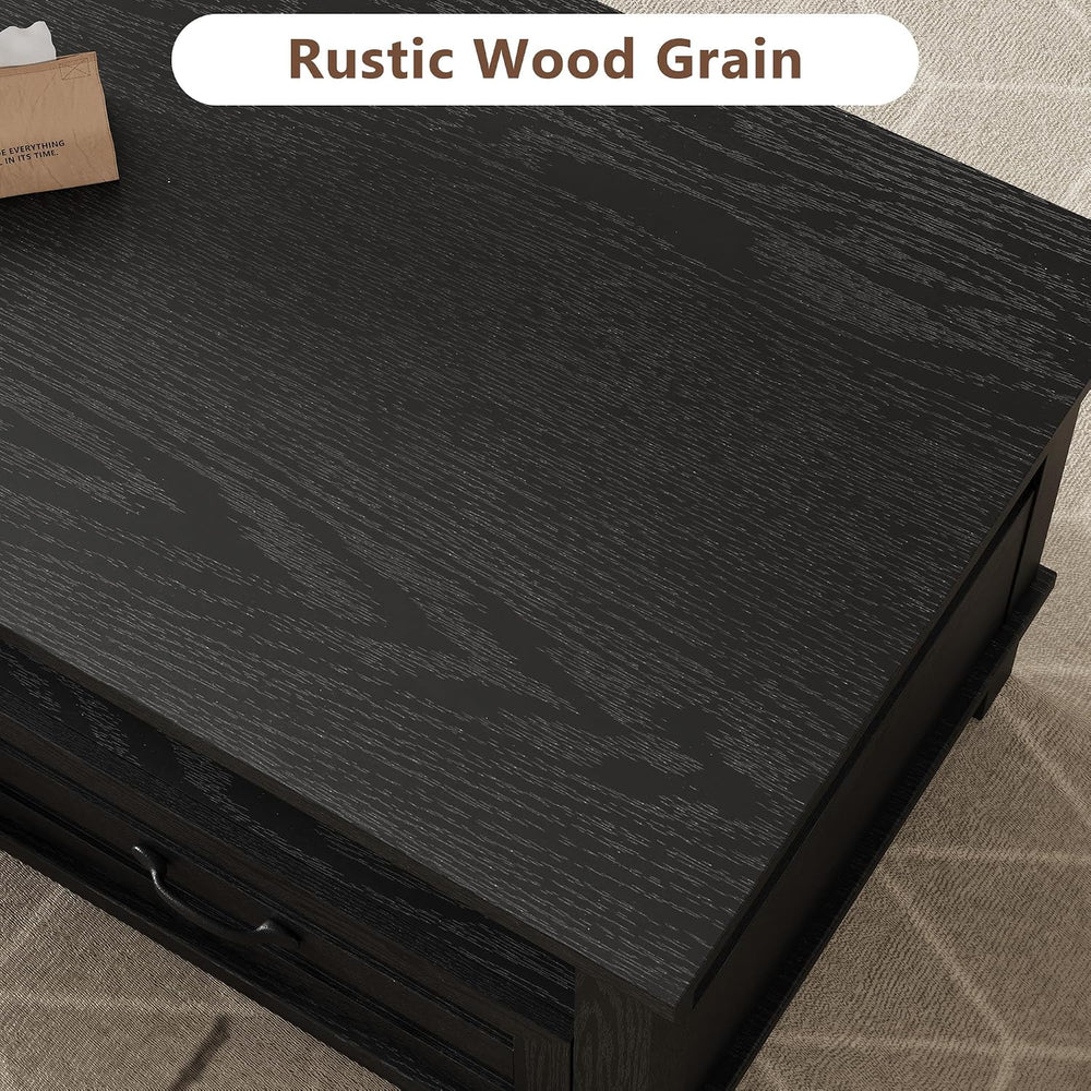 IDEALHOUSE Black Coffee Table with Drawers, 47.2” Rustic Center Table with Op...