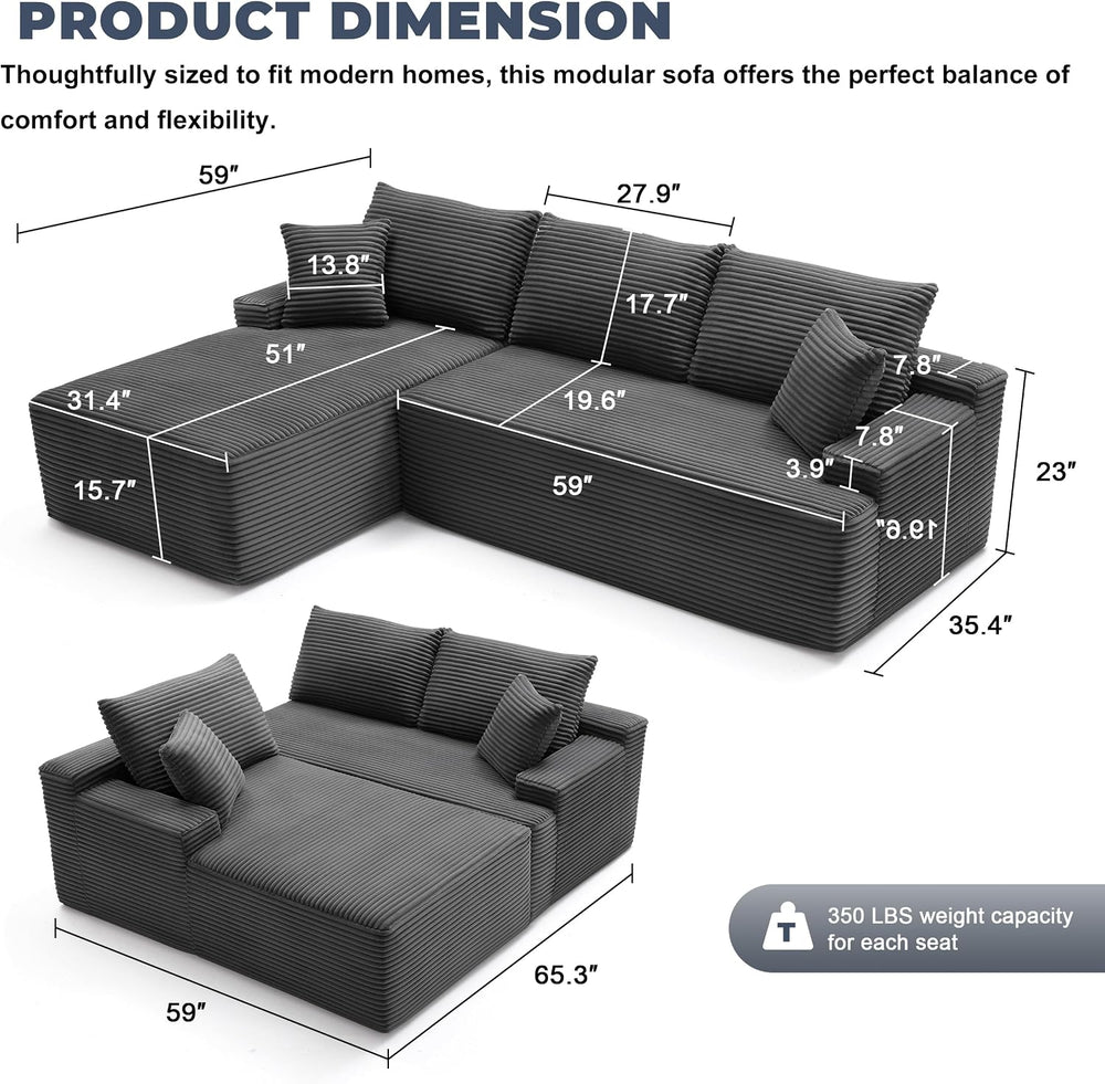 Mangodan Cloud Sectional Sofa, Boneless Couch for Living Room, Dark Grey