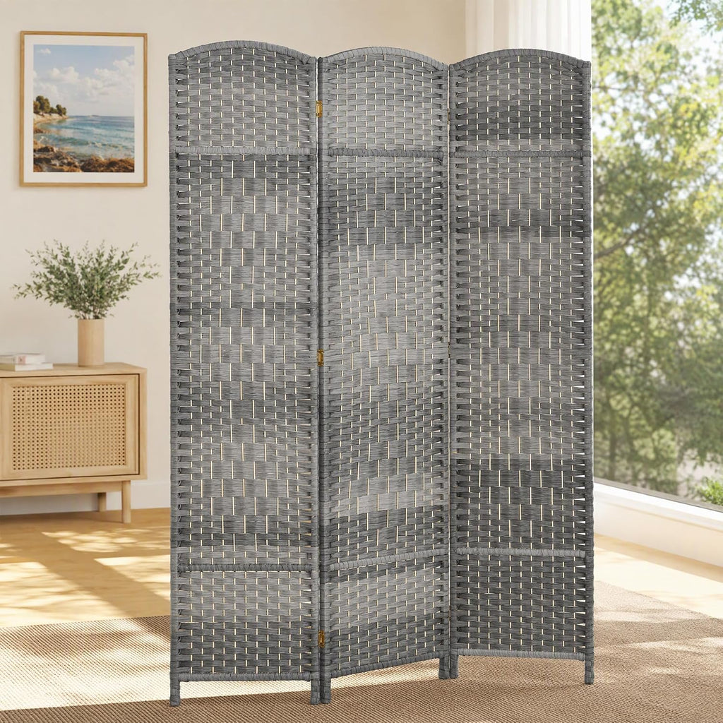 HOMCOM 3 Panel Room Divider 6 Ft Privacy Screen Hand-Woven Mixed Gray