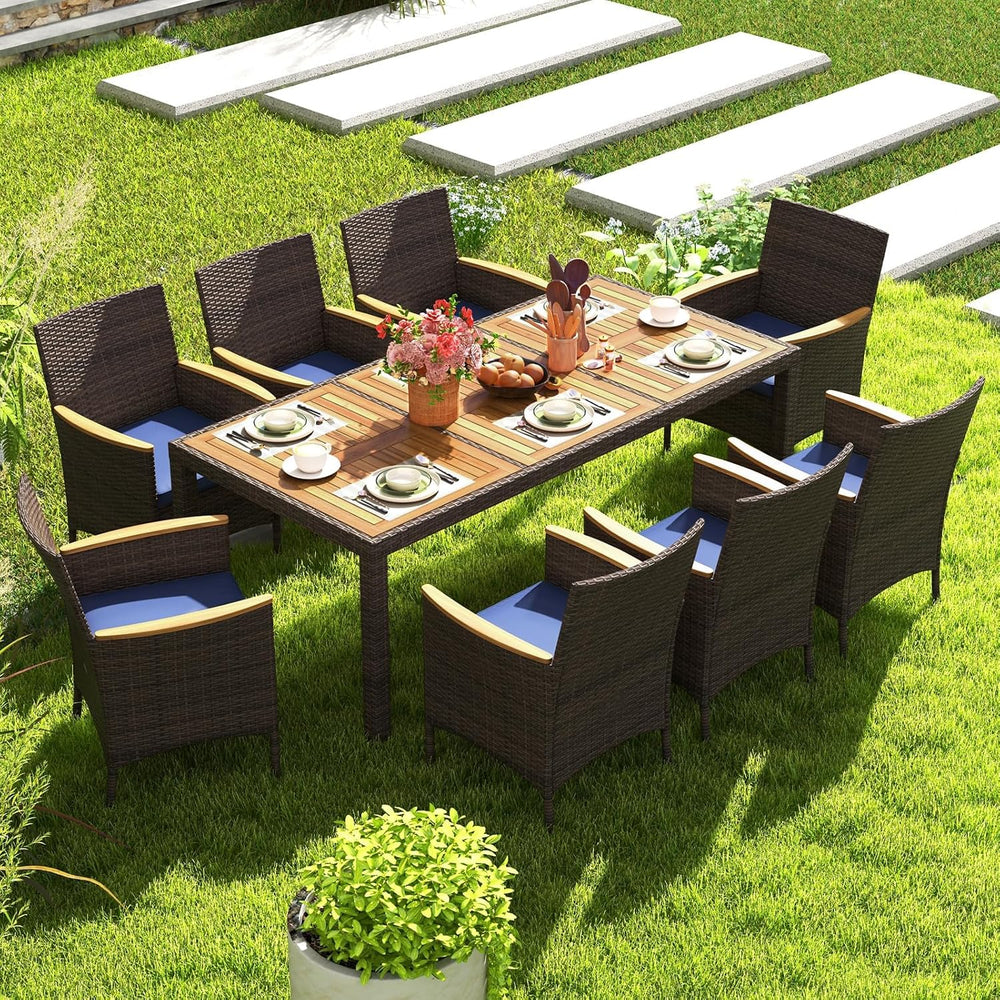 HAPPYGRILL 9 Pieces Acacia Wood Patio Dining Set for 8 People, Outdoor Rattan...