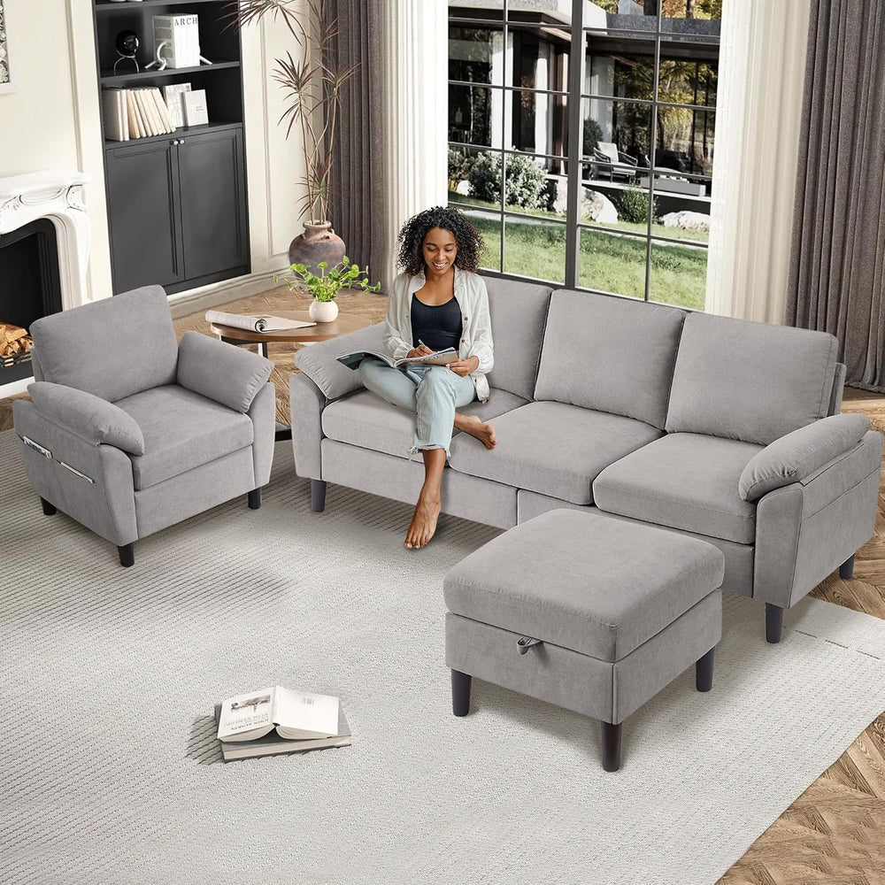 3 Piece Convertible Sectional Sofa Set, Modern Linen Small L Shaped Couch wit...