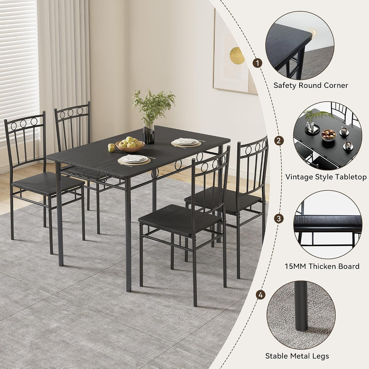 Dining Table Set for 4, 5-Piece Kitchen Table and Chairs, Rectangular Dining Room Table Set with 4 Chairs, Space-Saving Kitchen Table Set for Small Space,Dinette,Apartment,Pure Black