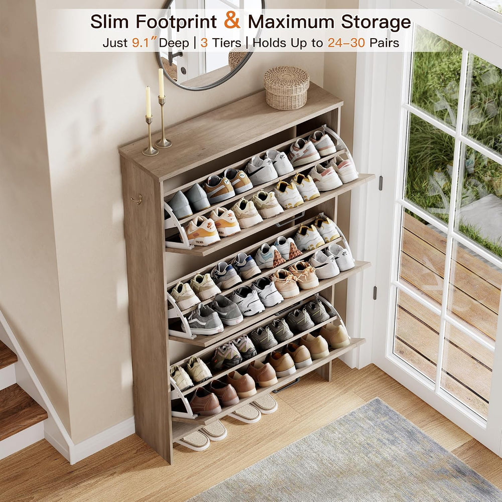 Nicetree Farmhouse Gray Shoe Cabinet – Ultra Slim 3-Drawer Flip Organizer wit...