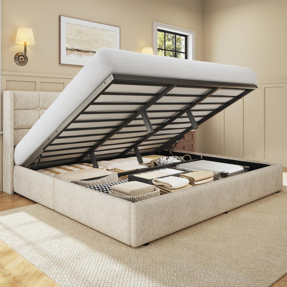 HISOFT King Size Lift Up Storage Bed Frame, Linen Upholstered Platform Bed wi...