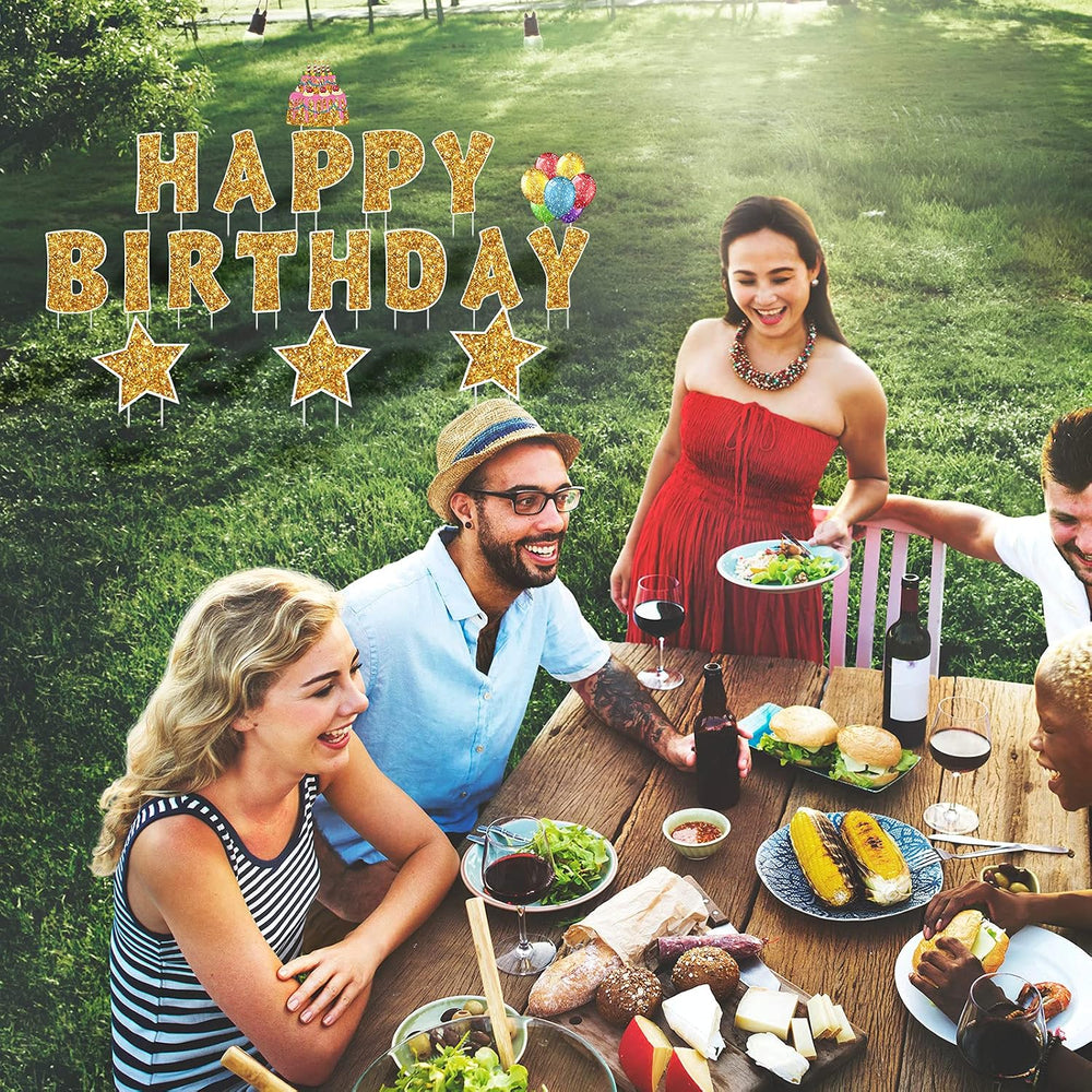 Jetec 18 Pcs Happy Birthday Yard Sign with Stakes and Light, Gold