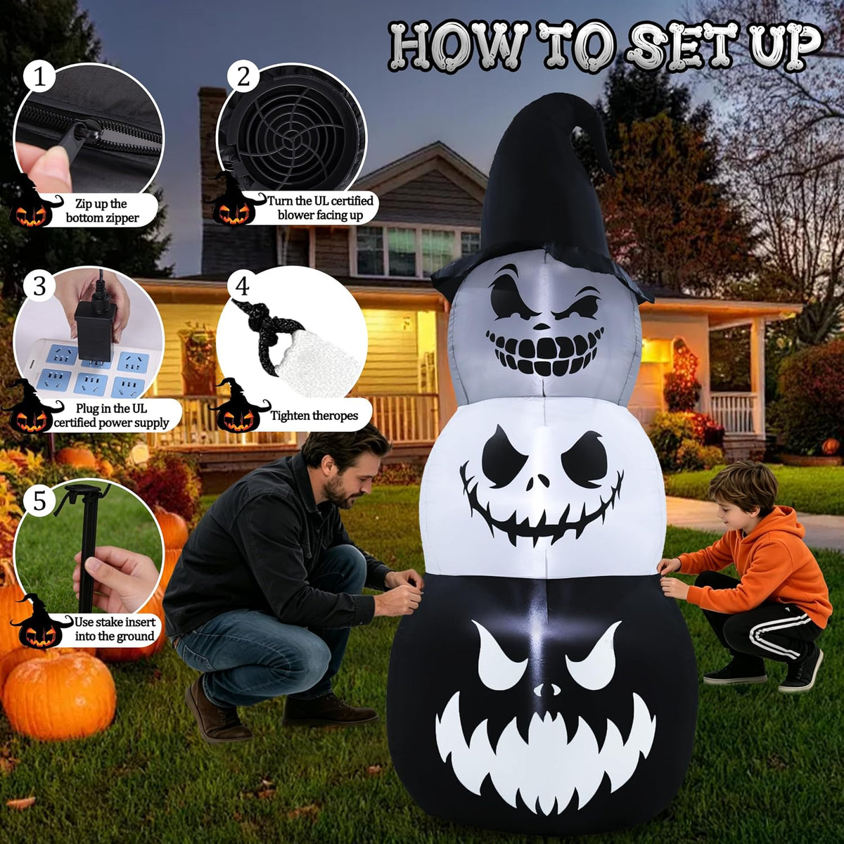7.6ft Halloween Inflatables Pumpkin Ghost Tower Outdoor Decoration