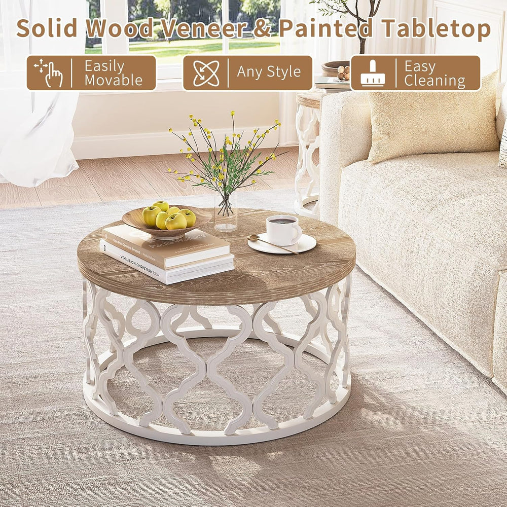 karlott Farmhouse Coffee Table, French Country Round Coffee Table, Beige