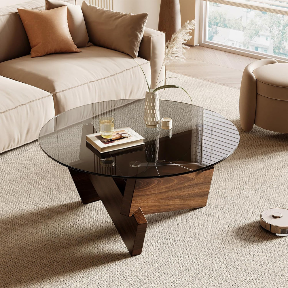 Honyee Modern Round Coffee Table, 30.7" x 30.7" x 16.1" Temper...
