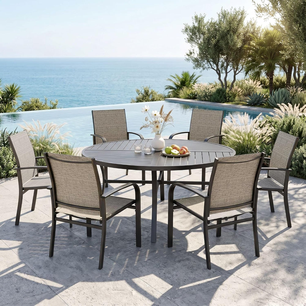 MIXPATIO 7pc Patio Dining Set, 54" Round Metal Table, 6 Textilene Chairs