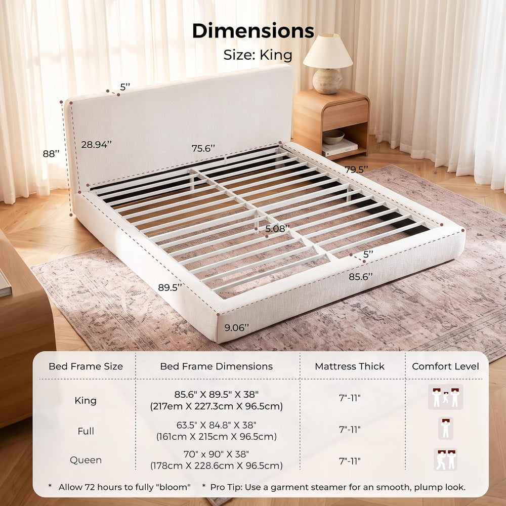 King Upholstered Bed Frame, King Size Cloud Bed Frame, White Platform Bed