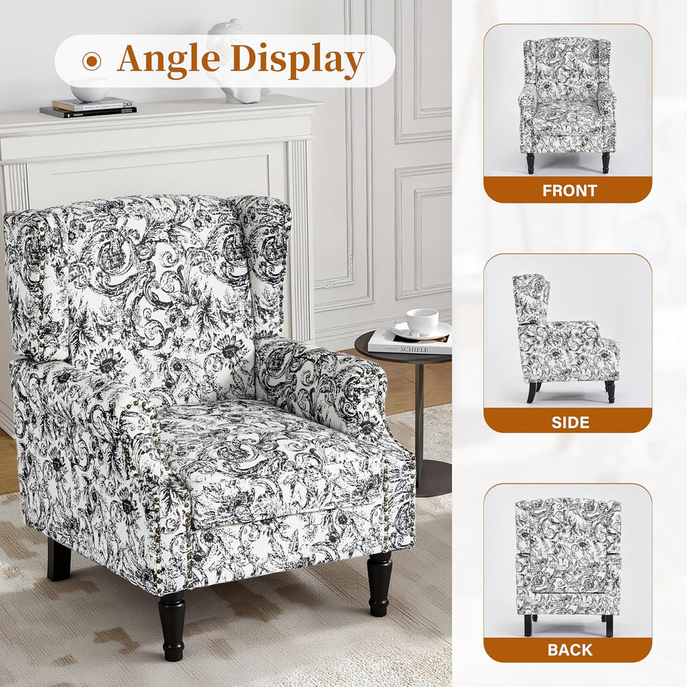 Floral Wingback Accent Chair, High Back Upholstered Armchair, Rococo Black