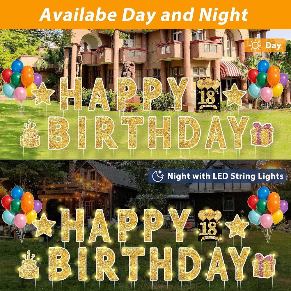 18 Pcs Happy Birthday Yard Sign with Stakes, Gold Happy Birthday Yard Sign wi...