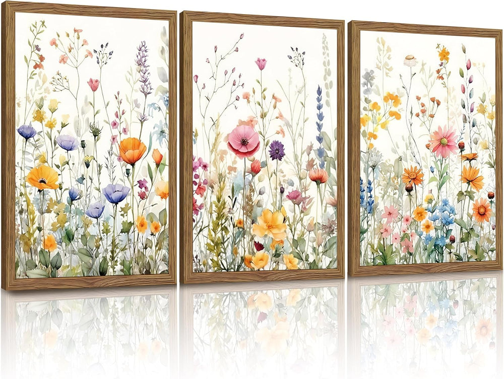 3 Piece Colorful Wildflower Wall Art Set Framed Spring Wall Decor 12x16 In