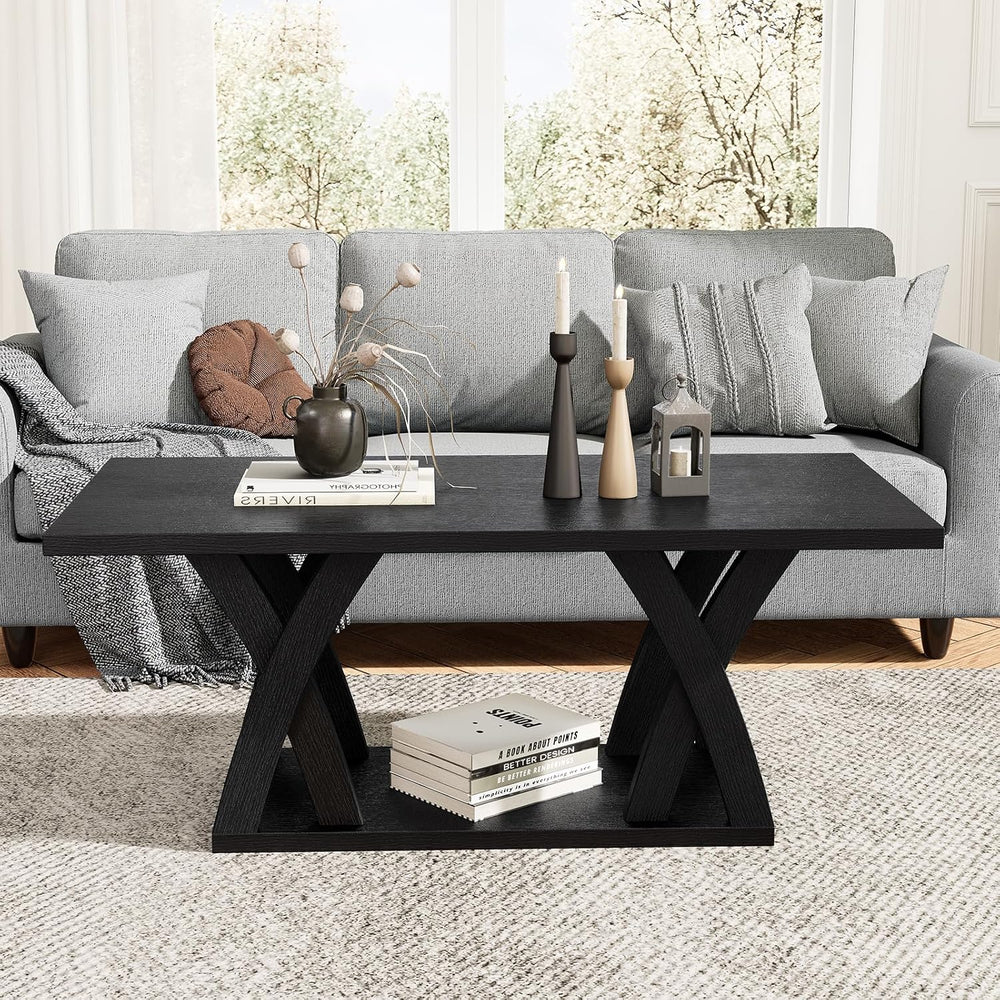 FROMJBEST Wood Coffee Table for Living Room, 47" Center Table, Black