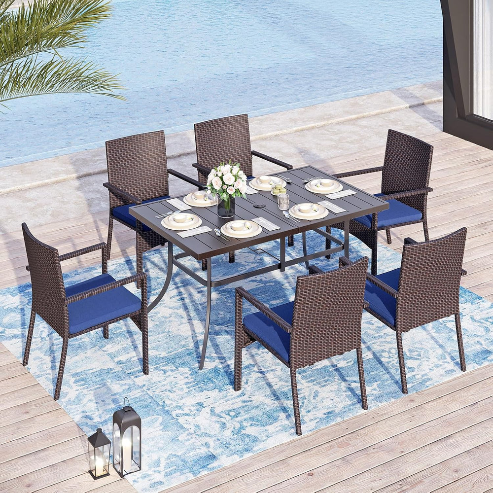 Sophia & William 7pc Patio Dining Set with Navy Umbrella, 6 Rattan Chairs