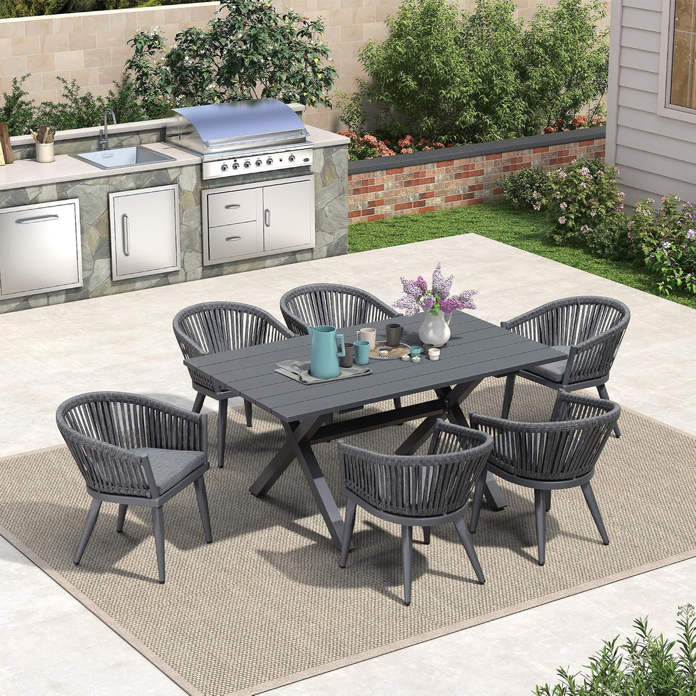 PURPLE LEAF 7 Pieces Outdoor Dining Set with Wicker Chairs Cushion, Grey