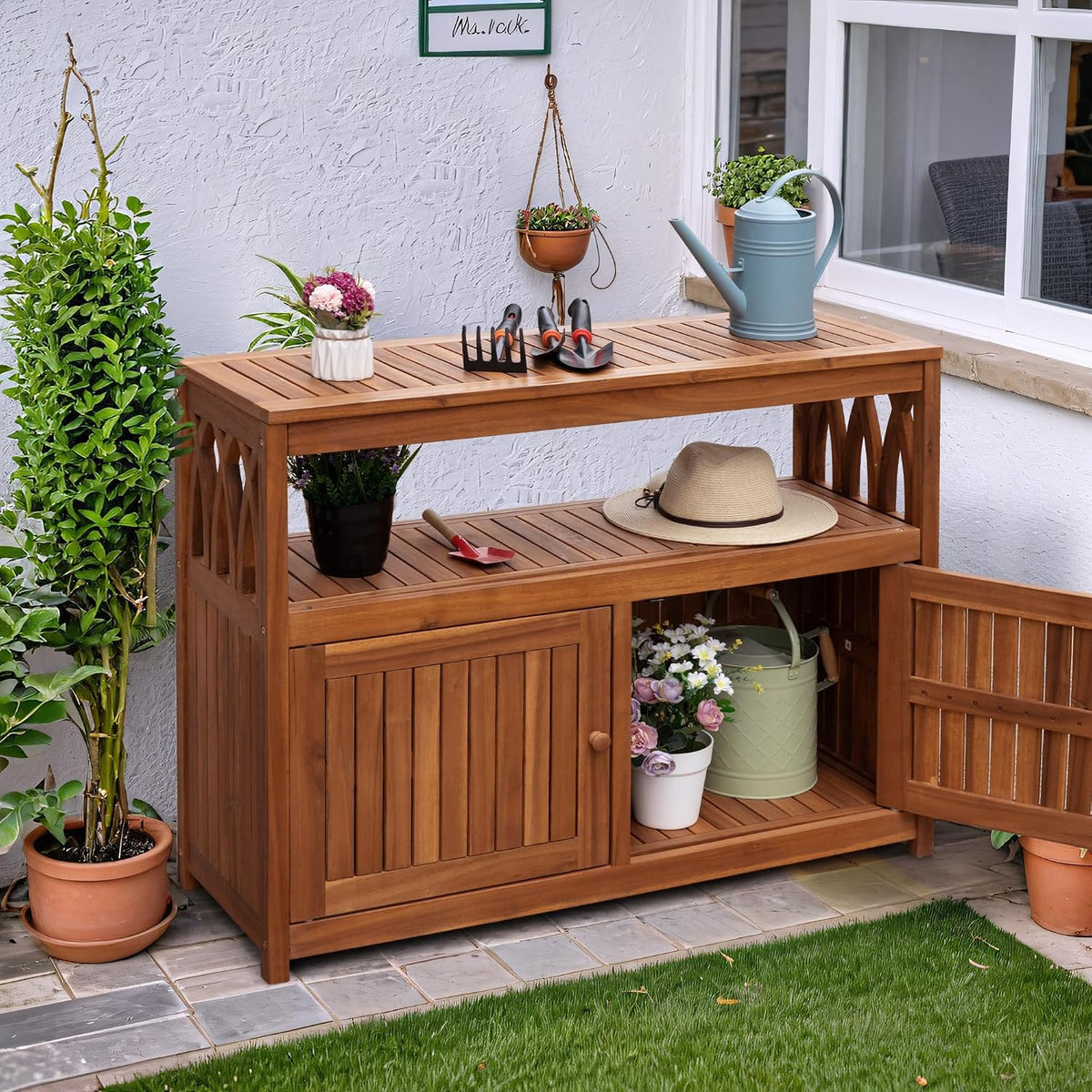 Flamaker Acacia Wood Outdoor Storage Cabinet,Waterproof Potting Table,Brown