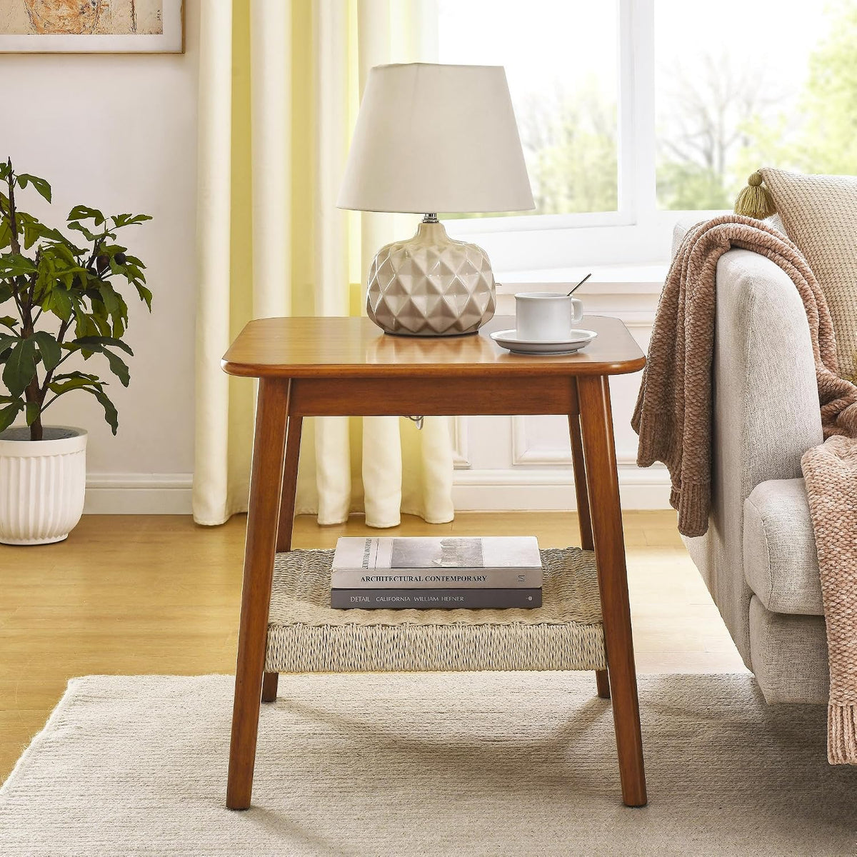 Mid Century Modern End Table with Shelf, 2-Tier End Table with Storage, Small Bedside Tables or Living Room, Walnut