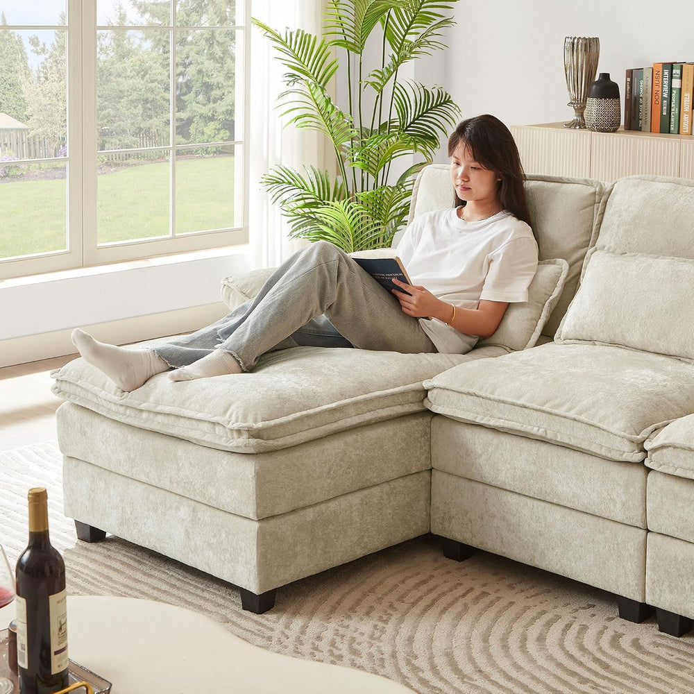 113" U Shaped Sectional Sofa, 4-Seater Cloud Couch, Chenille, Beige