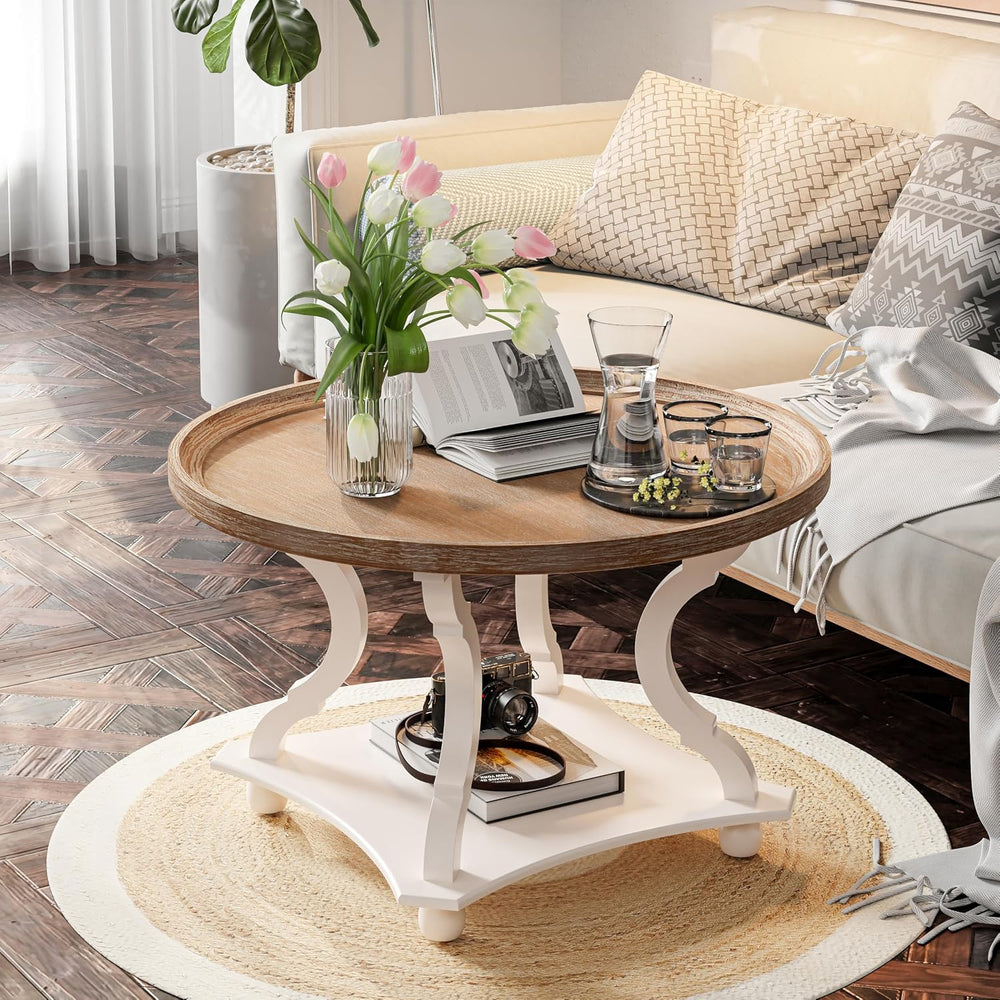 Round Farmhouse Coffee Table with Tray Top, Handmade Finish, White