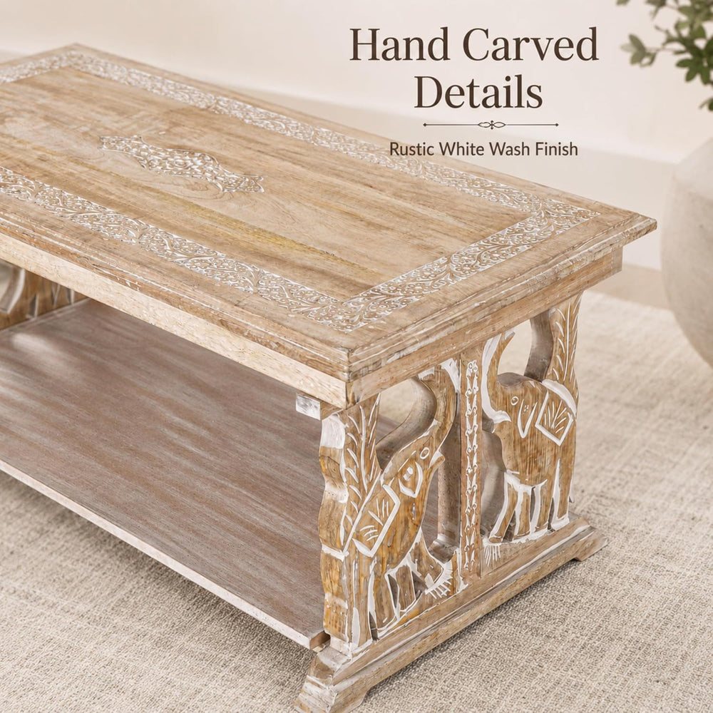 Coffee Table in Solid Wood With Hand Carving40x20x18"White Wash Rectangular