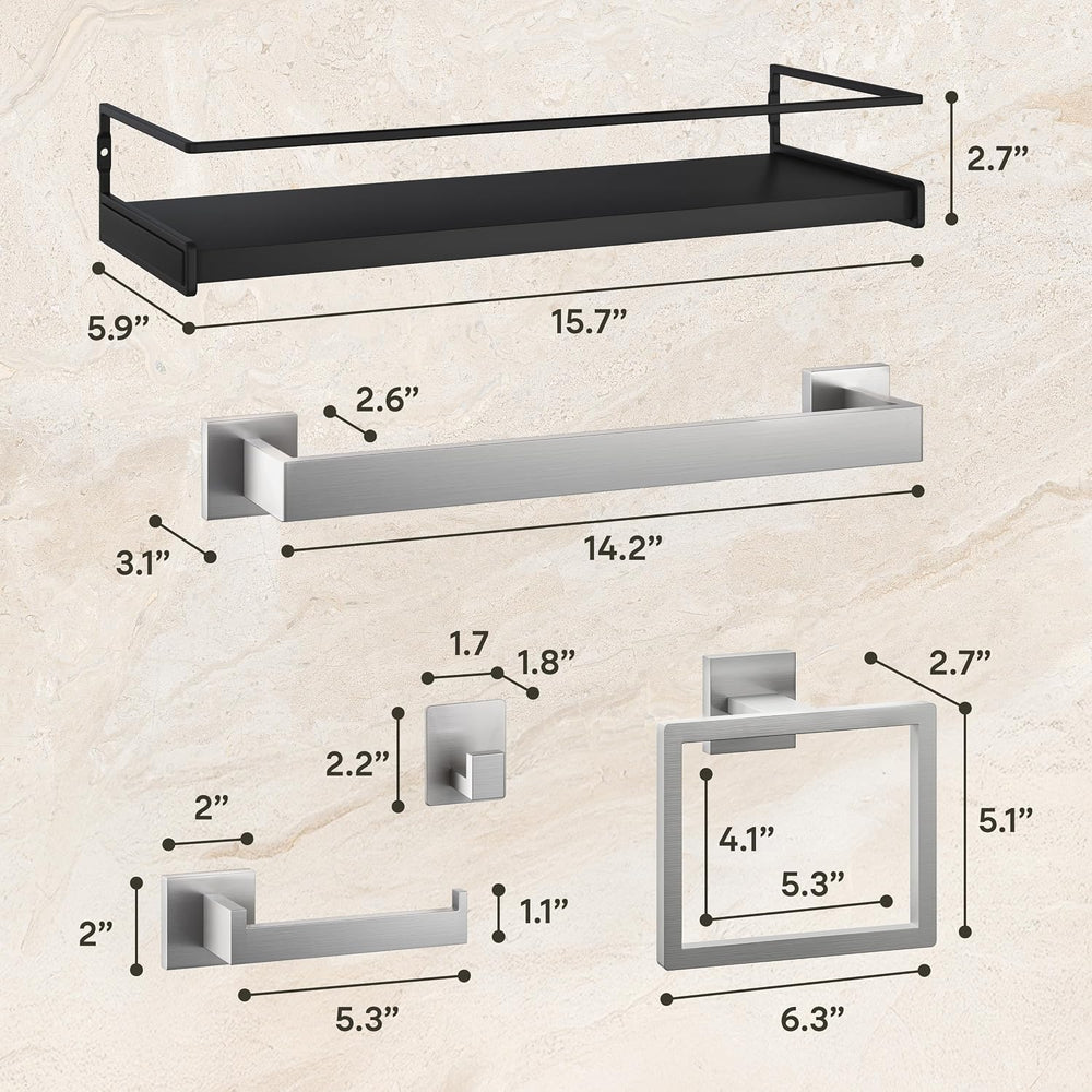 Brushed Nickel Bathroom Hardware Set, 5-Pcs + Shelf & 2 Adhesive Robe Hooks