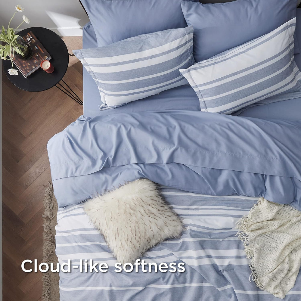 Bedsure Queen Comforter Set, Blue Striped Bedding Set, 7 Piece